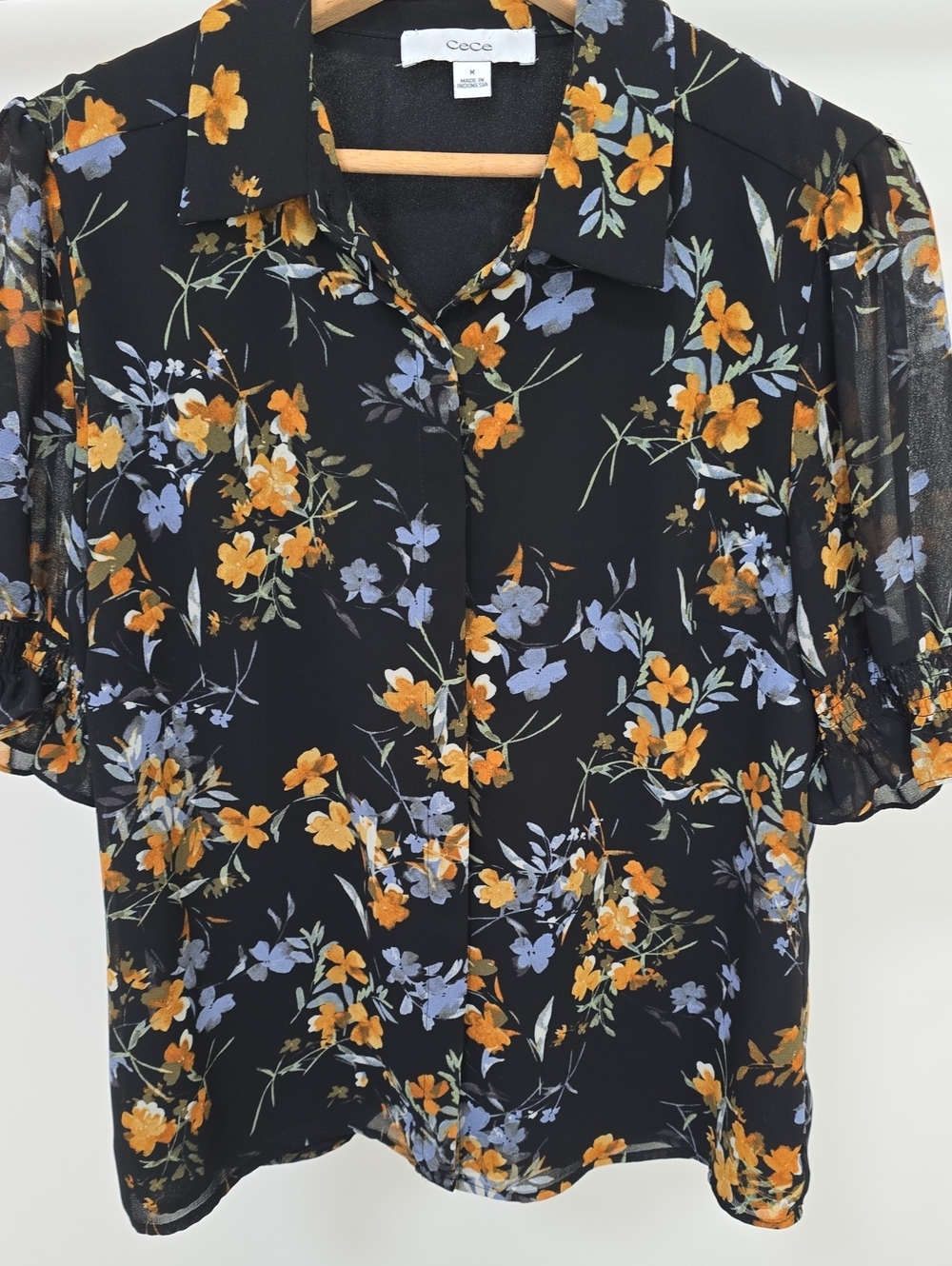 CeCe Black Floral Button-Front Blouse with Orange & Light Purple Flowers